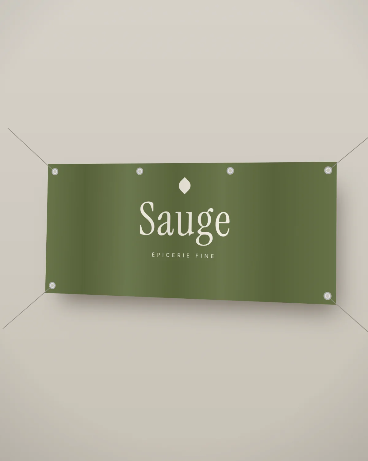Bâche vert sauge de la marque fictive Sauge, épicerie fine